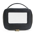 Black rectangular cosmetic bag with transparent PVC window and cross-grain texture - Handbag Style / Black