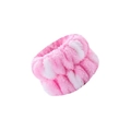 Soft pink and white coral fleece headband with plush elastic texture for skincare - Pink White Dots