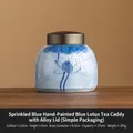 Blue ceramic tea canister with alloy lid and hand-painted lotus pattern, 375ml capacity - Sprinkled Blue Hand Painted Lotus - Alloy Lid Jar