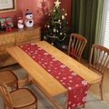 Christmas table runner with red festive snowflakes and tree patterns on a wooden table - 30x260cm / Printed Red Base Christmas Ball