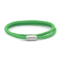 Detail of green woven cord bracelet featuring a cylindrical silver magnetic clasp closure - Grass Green