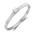 Silver stainless steel bangle with rectangular zircon and diamond accents on white background - Steel