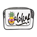 Clear PVC makeup bag with a cute cartoon pineapple graphic and Aloha text print - 076-Aloha Pineapple