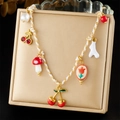 Bracciale intrecciato con ciondoli a forma di ciliegia e fungo su supporto di seta - Stile Pendente Multi-elemento Ciliegia Fungo (N3594)