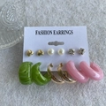 Fashion 6-pair gold heart, pearl, and resin hoop earring set on a display card - KC Gold (8859)