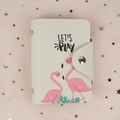 White PU leather card holder featuring pink flamingos and a metallic snap button - Two Flamingos