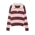 Detail of pink and brown striped polo knit sweater with cream contrast collar - S / Pink and Brown