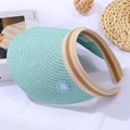 Mint green girls' woven straw sun visor hat with blue daisy embroidery detail - 50-52CM / Blue Daisy Hat / Light Blue