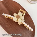 Pince à cheveux dorée avec perles blanches et fleur givrée beige de 11,5 cm de longueur - 56# Fleur Beige