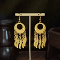 Bohemian gold peacock earrings with intricate leaf fringe and vintage bells in gold finish - E1408-2 Round Texture Feather Tassel
