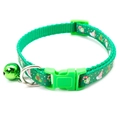 Close-up of green Christmas pet collar with snowflake patterns and small metal bell - Green 3 (Christmas Theme Elements)