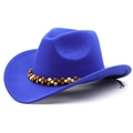 Classic royal blue wool cowboy hat with ethnic style wooden beaded band for men and women - Sapphire Blue