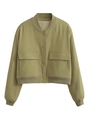 Dettaglio della giacca verde oliva con collo alto e grandi tasche a patta stile utility - Taglia S / Verde matcha