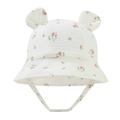 Baby cotton bucket hat with white floral print and cute 3D bear ears with chin strap - White Red Floral (19#)