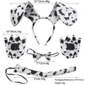 Cow costume set detail including spotted headband, gloves, bowtie, and tail with dimensions - Dalmatian 3-Piece Set with Fingerless Gloves