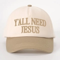 Vintage-Baseballcap im Colorblock-Design mit Y'ALL NEED JESUS Stickerei in Beige und Khaki - Verstellbar / Cremeweiß/Dunkles Khaki
