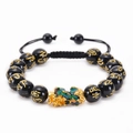 Black obsidian-like bead bracelet with golden mantra and Pixiu charm on adjustable cord - 12mm Six-Character Mantra