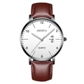 Classic men's quartz watch with white dial, black metal case and brown leather strap - White Dial Silver Hands Black Case Brown Leather Strap