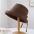 Women's dark brown cotton linen sun hat in a vintage minimalist plaid bucket style - 80634 Coffee