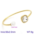 Golden open titanium steel bracelet with shell pearl and square clear crystal gemstone - Gold Transparent Gemstone Style (KB123005-K)