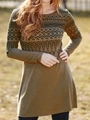 Ethnic print long sleeve dress in olive green knit with geometric leaf patterns - S / Dresses / Dark Khaki