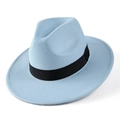Detailansicht eines hellblauen Wollhutes mit klassischem breitem schwarzem Band - M (56-58cm) / Himmelblau