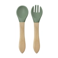 Green food-grade silicone baby spoon and fork set with ergonomic wooden handles - Wooden Handle Spoon and Fork Set / Army Green