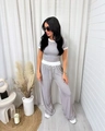 Close-up of grey ribbed fabric texture on the short sleeve top and drawstring waistband - Light Gray