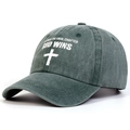 Detail of washed green cotton baseball cap with white cross and religious text print - Green