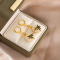 Chinese style gold bamboo leaf earrings with translucent discs and white rhinestones - Gold Bamboo Leaf White Faux Jade Earrings(E2704-2)