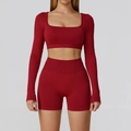 Women's seamless yoga set in dark red with square neck top and high waist shorts - S / Long Sleeve + Shorts / Cherry Red