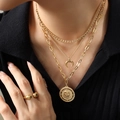 Gold-layered necklace with crescent moon and lion head coin pendant plus ball ring - Gold Triple Layered Necklace