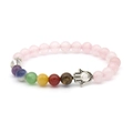 Close-up of pink quartz chakra beads with silver Hamsa Hand charm on white background - Rose Quartz Hamsa Bracelet