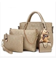 Golden 4-piece handbag set for women with embossed pattern and cute bear charm - Gold