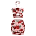 Dames zomerset 2-delig met rozenprint, haltertop en nauwsluitende korte rok - L / Roze Rozenprint