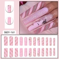 Pink Christmas press-on nails set with reindeer designs and silver glitter stripes - Pink Silver Glitter Reindeer Pattern Style (SGCY-161)