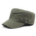 Army green flat top military cap for men featuring side metal buckles and cotton fabric - Adjustable / Army Green