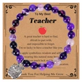 Close-up of beaded purple natural stone bracelet with sparkling apple charm on gift card - Purple Agate Bracelet