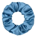 Close-up of a royal blue satin scrunchie featuring smooth silk-like texture and rich pleats - Dark Blue