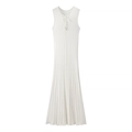 White sleeveless knitted maxi dress with drawstring V-neck and ribbed texture details - S / White