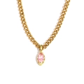 Gold cuban link necklace featuring a marquise cut pink gemstone pendant on white background - Pink