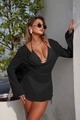 Detail of sexy black deep V-neck mini dress with side drawstring and metal chain decoration - S / Black