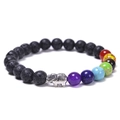 Close-up of elephant pendant on black lava and seven chakra stone beaded elastic bracelet - Lava Rock Bracelet