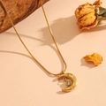 Gold stainless steel crescent moon pendant necklace with star and zircon on snake chain - Gold