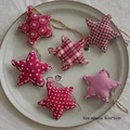 Set of 6 rustic fabric star ornaments with red patterns and jute twine for Christmas DIY - Star Shape / Set of 6