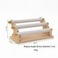 Three-tier wood jewelry display stand with white velvet bars and specific dimensions - 3-Tier Rod Ring Rack White Linen