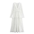White French lace maxi dress with V-neck, long sleeves and ruffle details on white background - XS / White