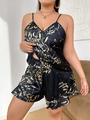 Women's black floral satin pajama set featuring a V-neck camisole and ruffled shorts - 3XL / Black Cherry