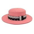 Detail of pink straw boater hat with wide brim and elegant pearl rhinestone ribbon trim - Pink