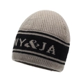 Gray and black striped knit beanie featuring NY & JA lettering and ribbed texture - Khaki